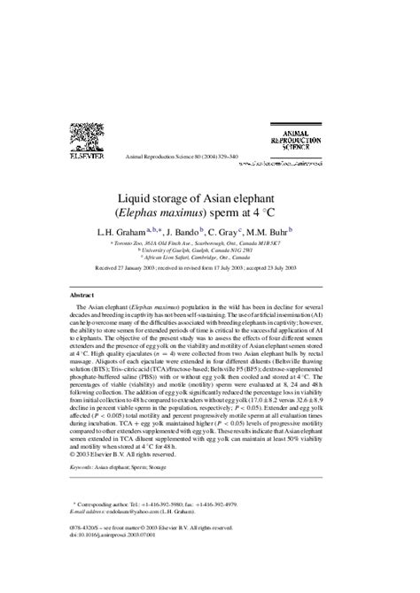 Liquid Semen Storage in Elephants (Elephas maximus and ...